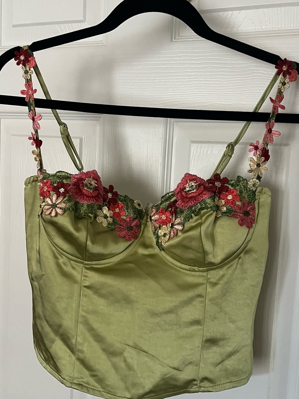 Princess Polly Olive Satin Bustier with Pink & Red Floral Embroidery